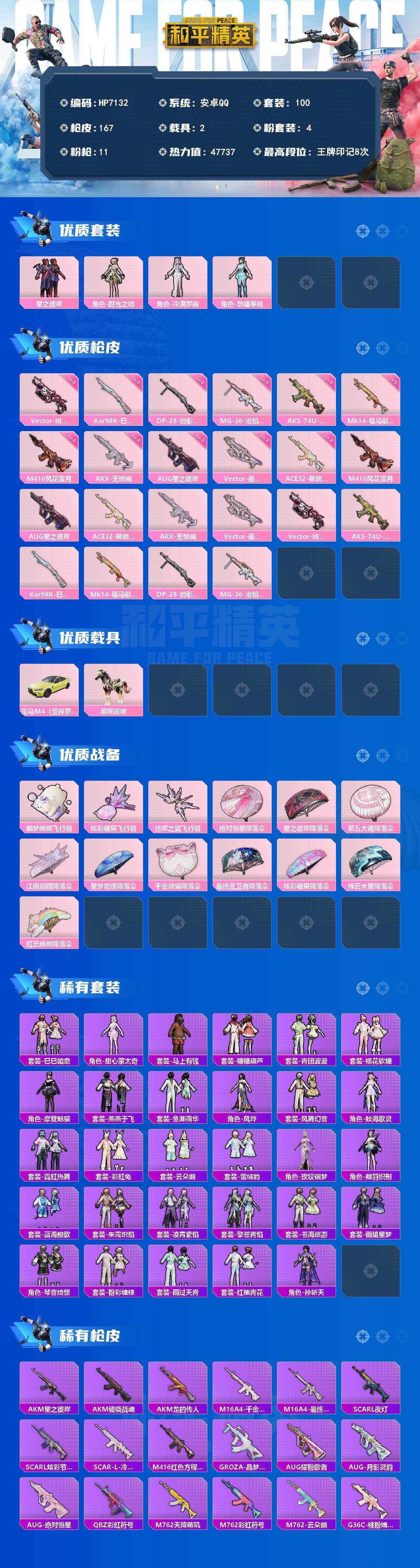 和平精英账号安卓QQ2载具-100套装-167枪皮-（4粉套11粉枪2载具）地铁满天赋/星之彼岸/时光之吻/冷漠罗丽/异瞳寒姬/M416风花雪月四级/AUG星之彼岸三级/ACE32萌骑漫游三级/ARX无垠阁四级/Vect