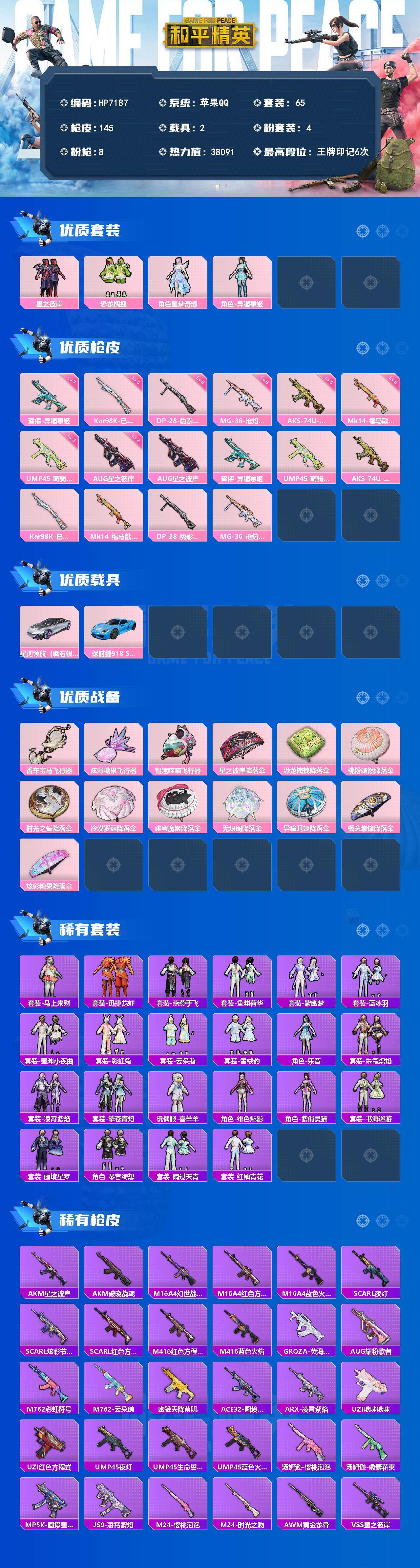 和平精英账号苹果QQ（4粉装-8特效枪-2载具）星之彼岸/恐龙拽拽/星梦奇缘/异瞳寒姬/AUG星之彼岸二级/蜜獾异瞳寒姬七级/UMP45萌骑冒险三级/AKS74U森灵之息五级/Mk14福马献瑞五级/DP28豹影疾电五级/