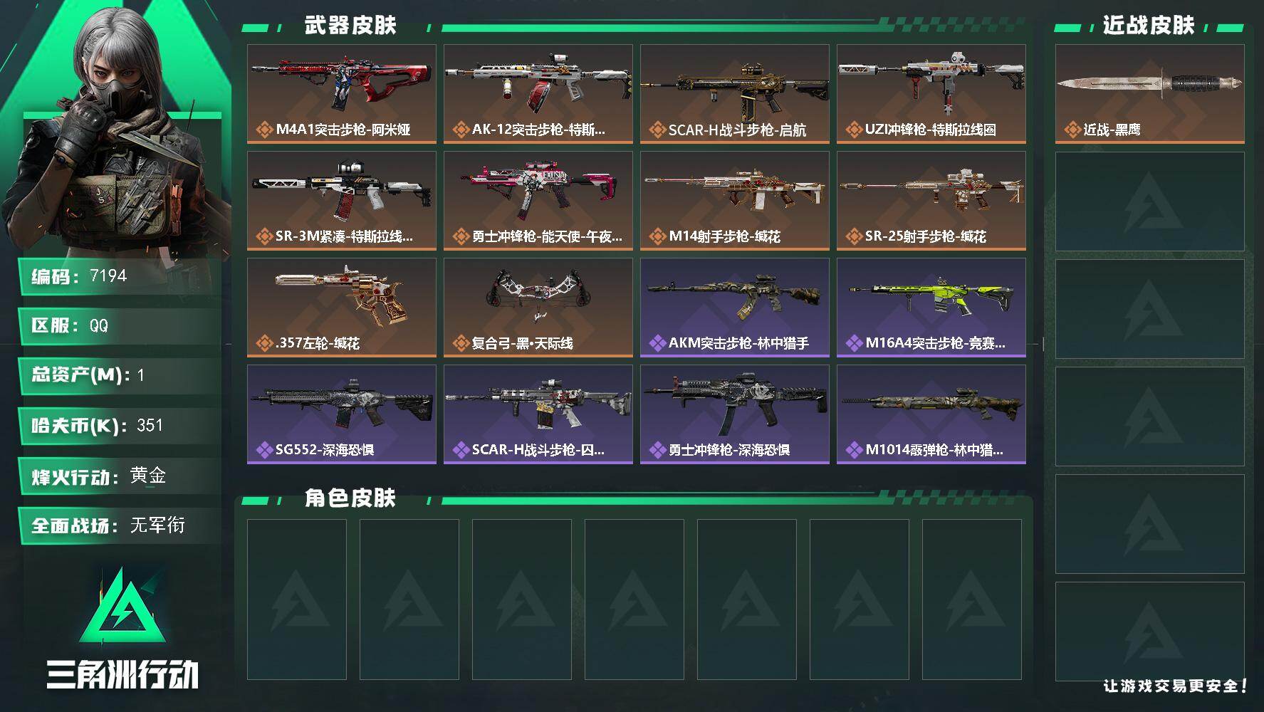 三角洲行动账号QQ总资产(M)：1M/哈夫币(K)：351K/哈夫币(K)：351K/传说枪皮数：10/全面战场等级：