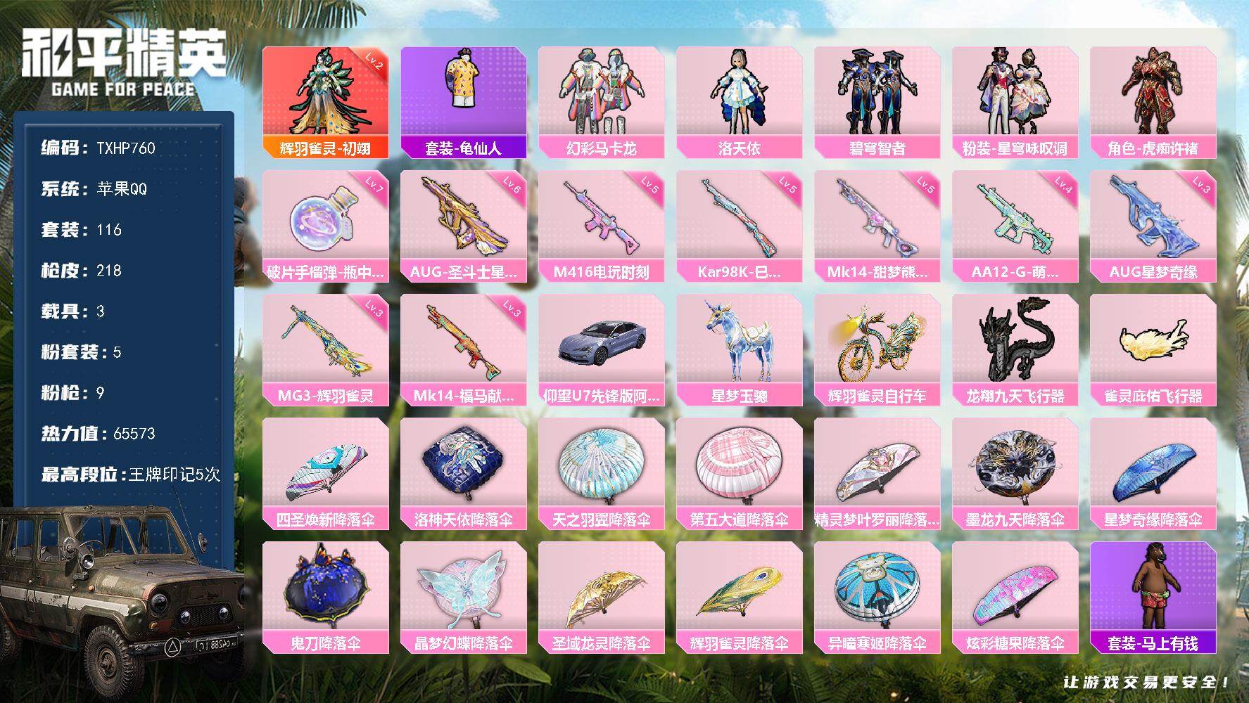 和平精英账号苹果QQ【TP760】苹果 手Q-1神装-5粉装-9特效枪-3载具-3粉色飞行器-65573热力值-5王牌印