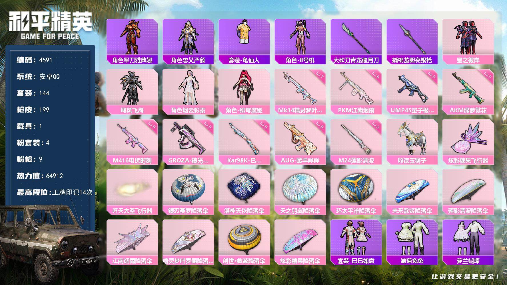和平精英账号安卓QQ144套装/枪械9/装备248/载具1/战备151/王牌印记14/热力值64912/五级AKM-绿萝