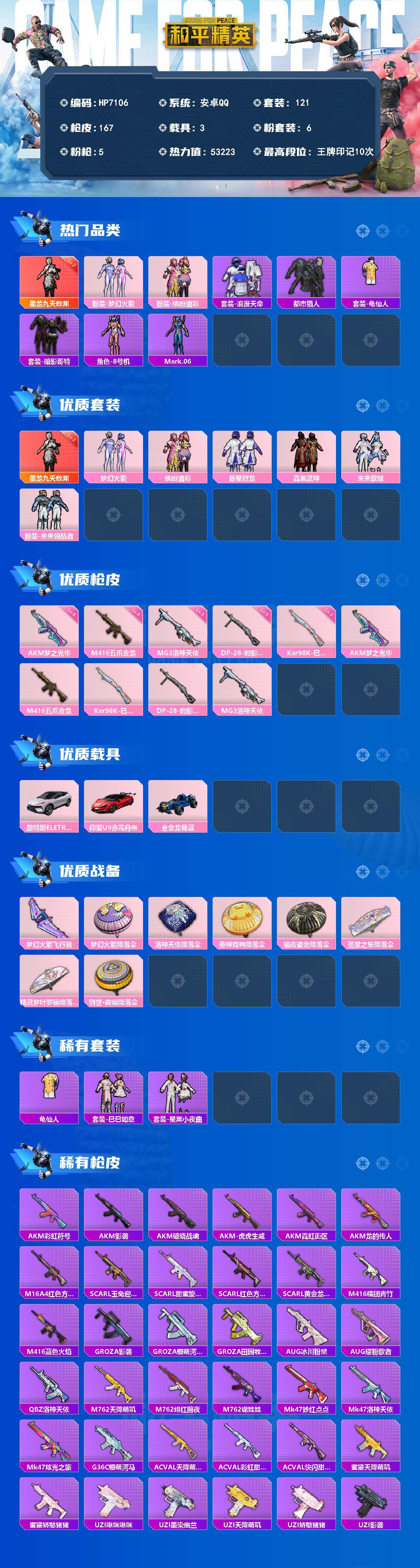 和平精英账号安卓QQ（1红套6粉套5粉枪3载具）地铁满天赋/敖渊2级/都市猎人/梦幻火箭/缤纷油彩/新星烈龙/霓裳武神/