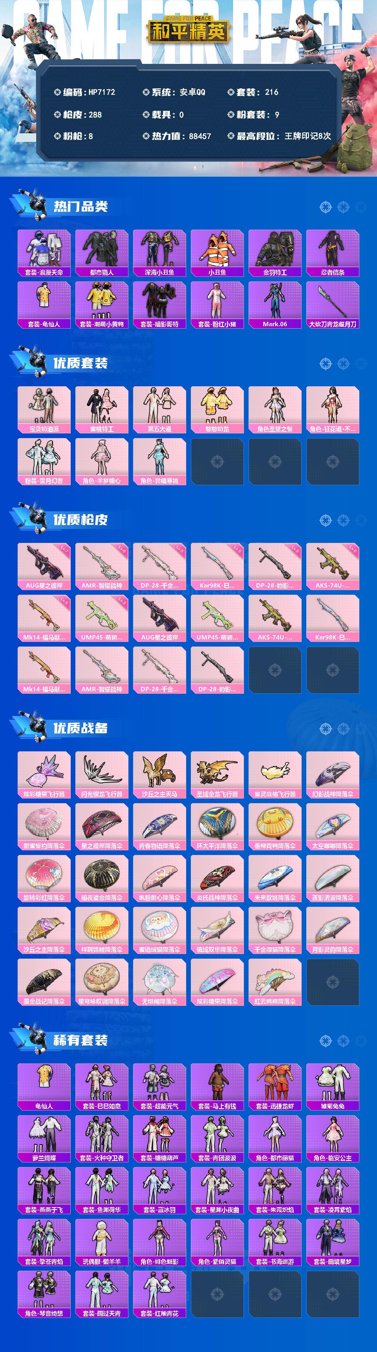 和平精英账号安卓QQ身法号-地铁满天赋-第五大道/羊梦糖心/AUG星之彼岸7级/蓝螳螂/深海小丑鱼/小丑鱼/都市猎人/粉红小猪/浪漫天命/潮萌小黄鸭/红眼罩/浪漫假日/秘语星愿/都市丽猫/临安公主/情公主/金羽特工/忍者