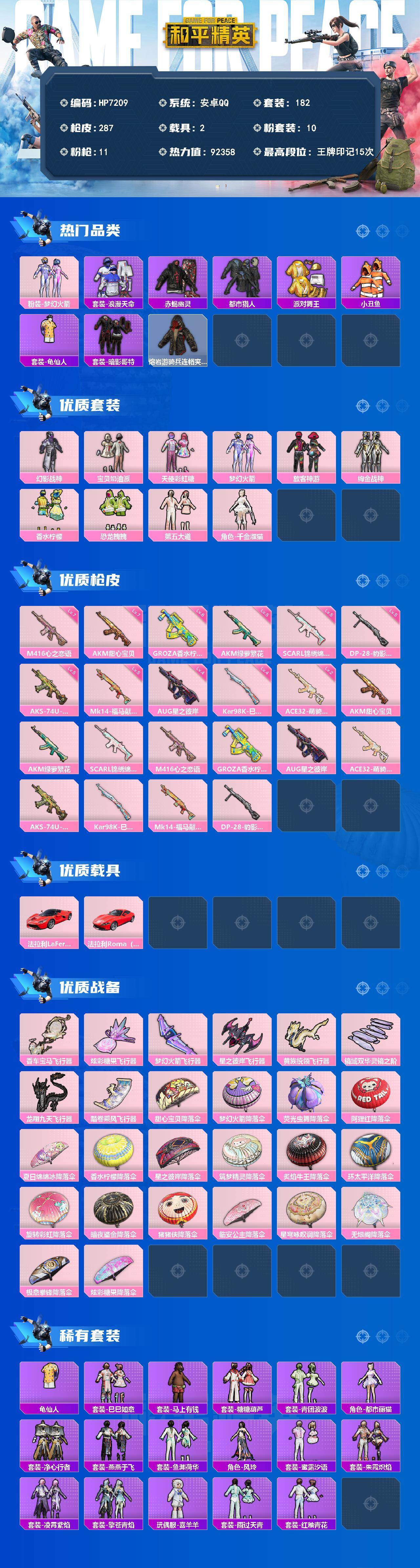 和平精英账号安卓QQ身法号-地铁满天赋千金淑猫/第五大道/AKM甜心宝贝7级/M4心之恋语7级/AUG星之彼岸4级/派对