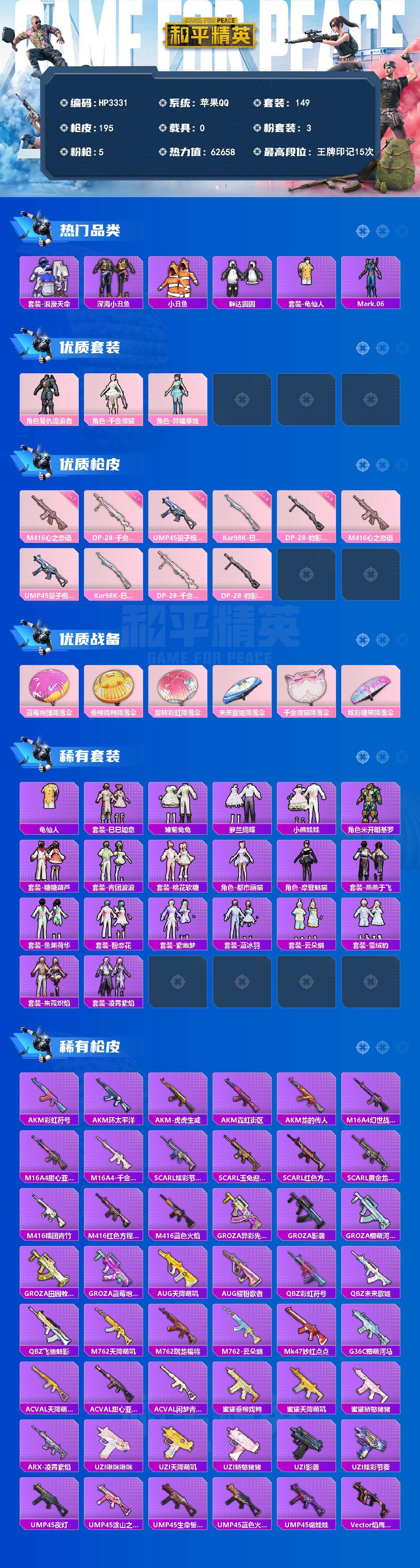 和平精英账号苹果QQ千金淑猫/M4心之恋语7级/蓝螳螂/深海小丑鱼/小丑鱼/胖达圆圆/浪漫天命/龟仙人/迅捷狂鲨/狂沙舞