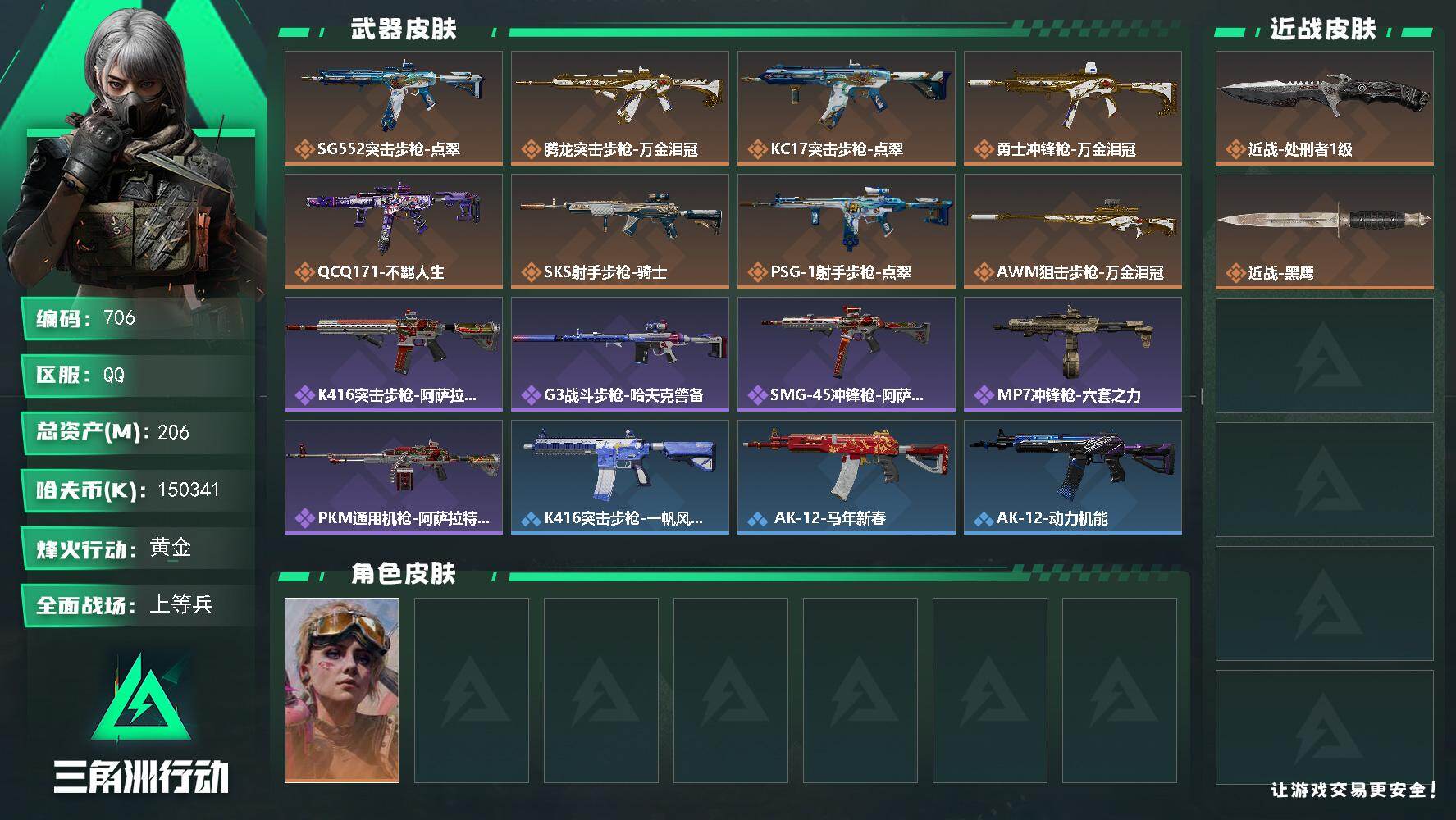 三角洲行动账号QQ【706】【BL·精品200m150w纯币绝密猛攻护航号·1干员皮1刀皮·7级仓库满体6负重】
20