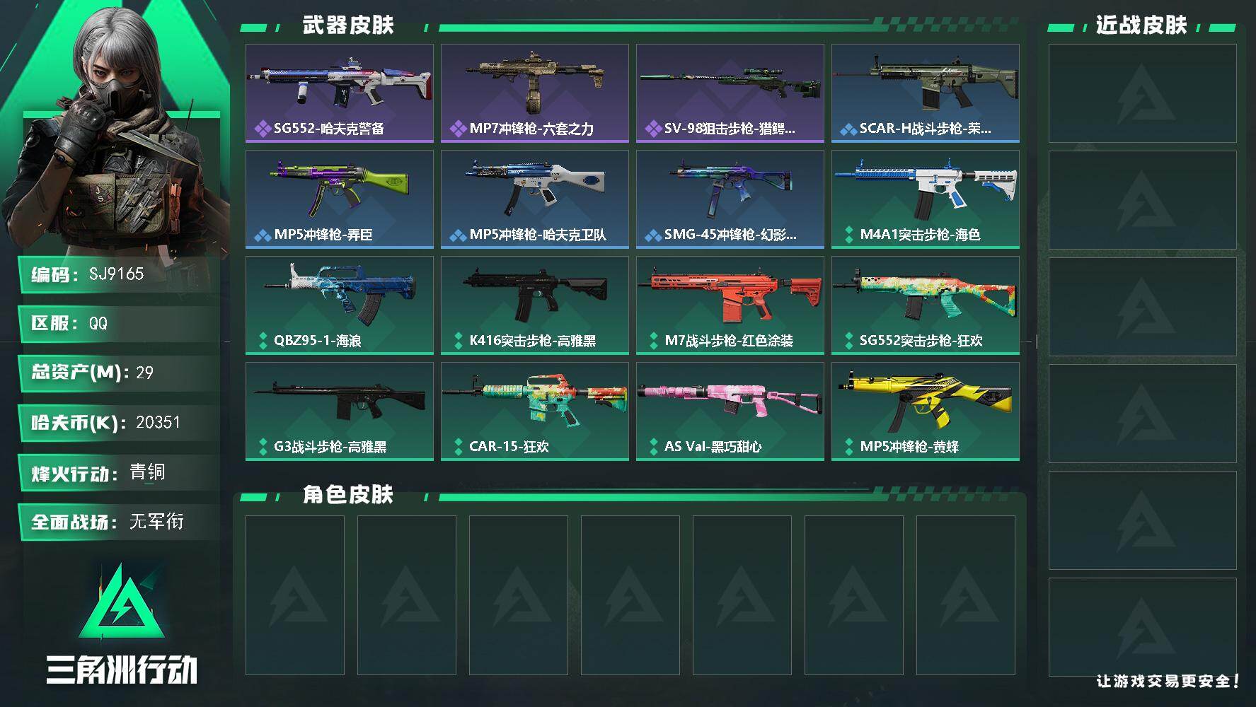 三角洲行动账号QQ【SJ9165】总资产(M)：29M/哈夫币(K)：20351K/哈夫币(K)：20351K/全面战场等级：1_段位：无段位/烽火地带等级：21_段位：青铜/SG552突击步枪-哈夫克警备/MP7冲