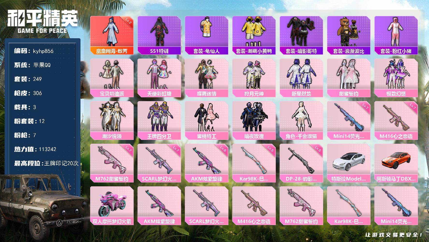 和平精英账号苹果QQ苹果 手Q-1神装-12粉装-7特效枪-3载具-8粉色飞行器-113242热力值-20王牌印记-24