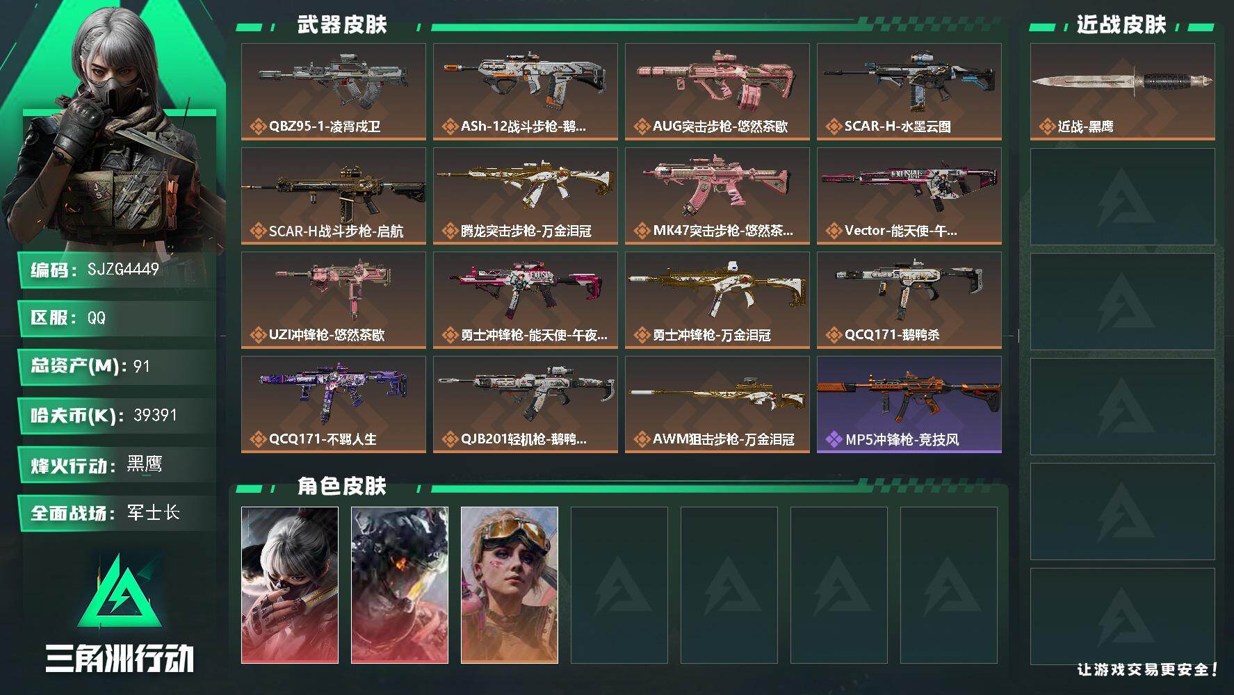 三角洲行动账号QQ【SJZG4449】总资产(M)：91M/哈夫币(K)：39391K/哈夫币(K)：39391K/传