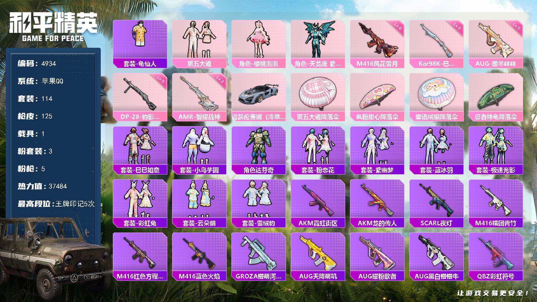 和平精英账号苹果QQ114套装/枪械5/装备135/载具1/战备101/王牌印记5/热力值37484/六级M416-风花