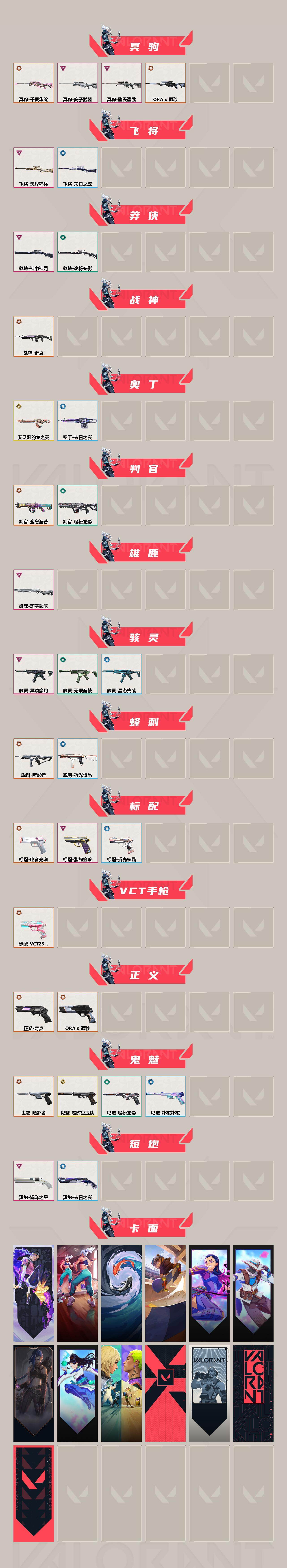 【套装】：2025全球冠军赛套装，2022全球冠军赛套装，无畏契约季前邀请赛套装，ORA x 颗秒套装，噬影者套装
【英雄】：幻棱，炼狱，维斯，暮蝶，钛狐，壹决，铁臂，捷风，雷兹，幽影，不死鸟，贤者