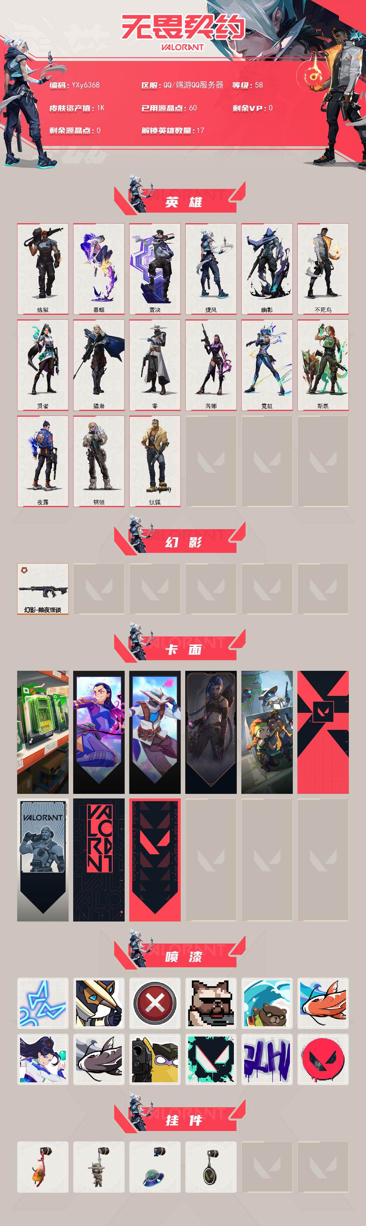 【英雄】：炼狱，暮蝶，钛狐，壹决，捷风，幽影，不死鸟，贤者，猎枭，零，芮娜，霓虹，斯凯，夜露，钢锁
【幻影】：幻影-黯夜怪谈
【卡面】：超限闪存 卡面，无畏契约GO！第一卷：芮娜 卡面，无畏契约GO