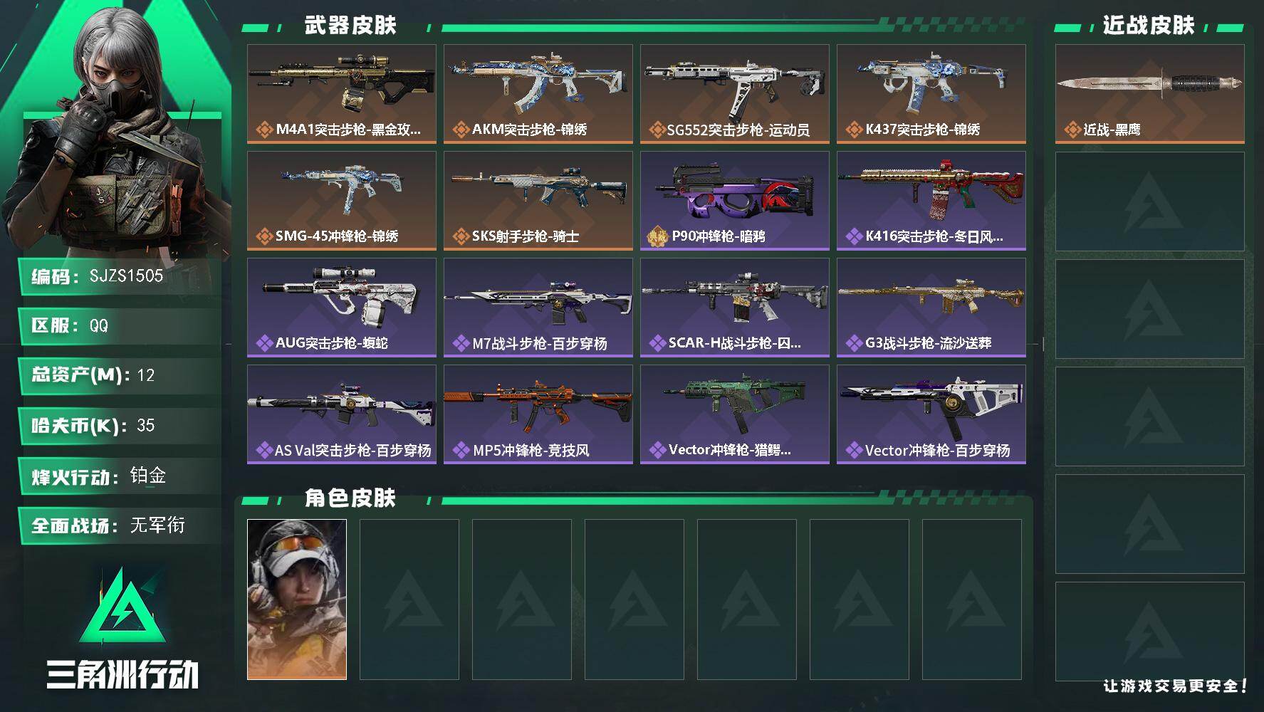 三角洲行动账号QQ【SJZS1505】总资产(M)：12M/哈夫币(K)：35K/哈夫币(K)：35K/传说枪皮数：6/全面战场等级：5_段位：无段位/烽火地带等级：60_段位：铂金/露娜-金牌射手/近战-黑鹰/M4