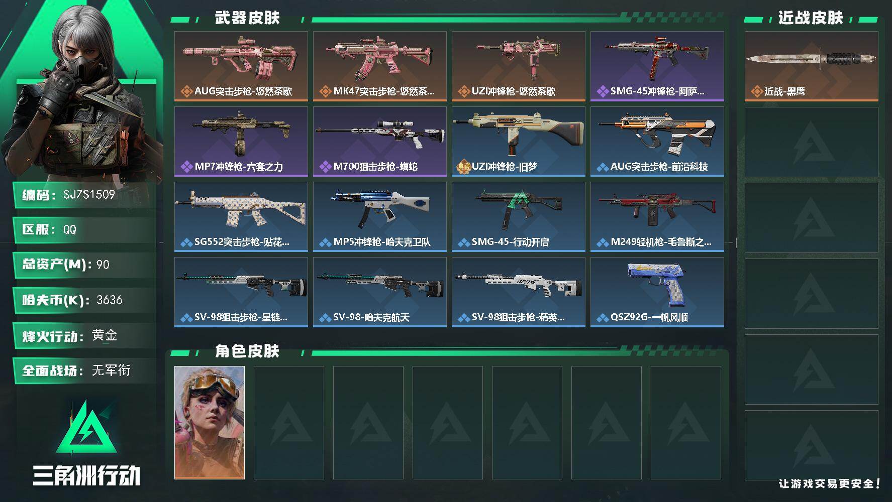 三角洲行动账号QQ【SJZS1509】总资产(M)：90M/哈夫币(K)：3636K/哈夫币(K)：3636K/传说枪皮数：3/全面战场等级：1_段位：无段位/烽火地带等级：60_段位：黄金/藏品-非洲之心/蛊-不羁