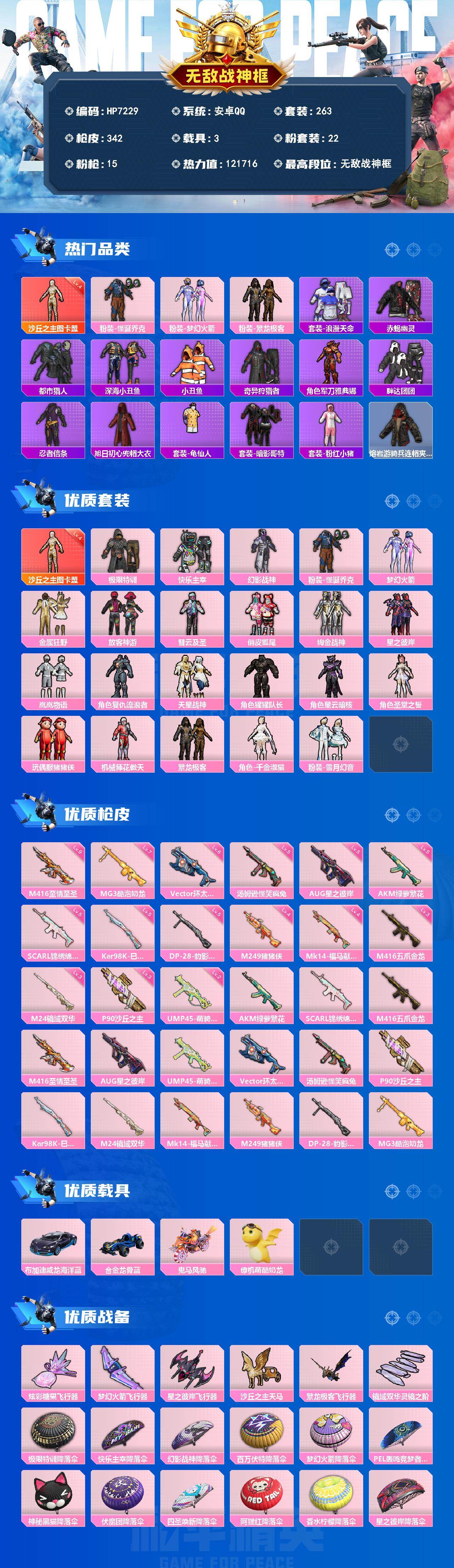 和平精英账号安卓QQ素材号-地铁满天赋-图卡盟4级/怪诞乔克/千金淑猫/M4至情至圣9级/AUG星之彼岸5级/M4五爪金