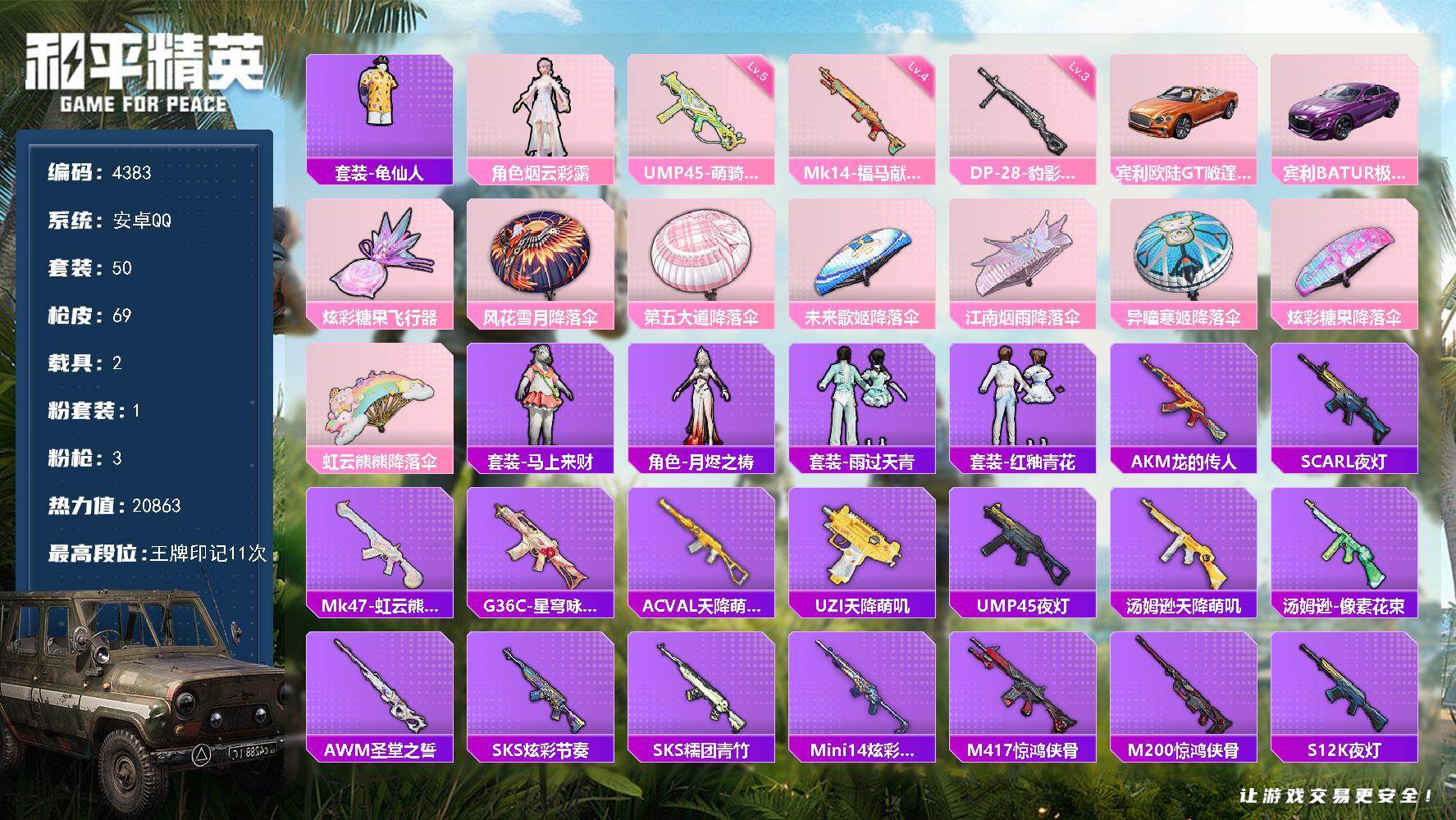 和平精英账号安卓QQ50套装/枪械3/装备67/载具2/战备51/王牌印记11/热力值20863/五级UMP45-萌骑冒