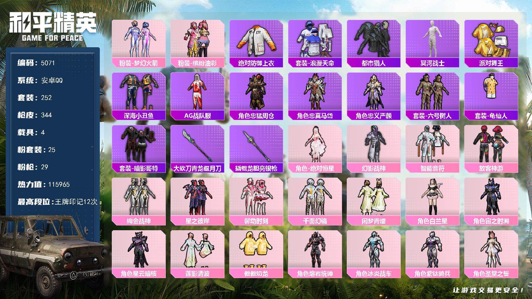 和平精英账号安卓QQ252套装/枪械29/装备448/载具4/战备241/王牌印记12/热力值/五级AKM-绿萝繁花/A