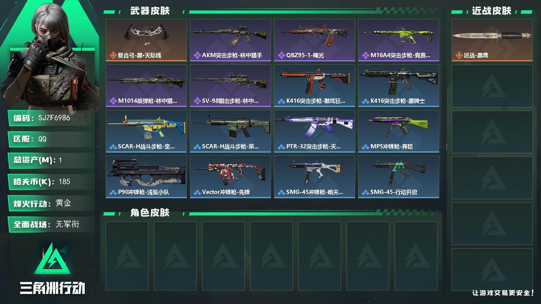 三角洲行动账号QQ【SJZF6986】总资产(M)：1M/哈夫币(K)：185K/哈夫币(K)：185K/传说枪皮数：1/全面战场等级：1_段位：无段位/烽火地带等级：30_段位：黄金/近战-黑鹰/复合弓-黑·天际线