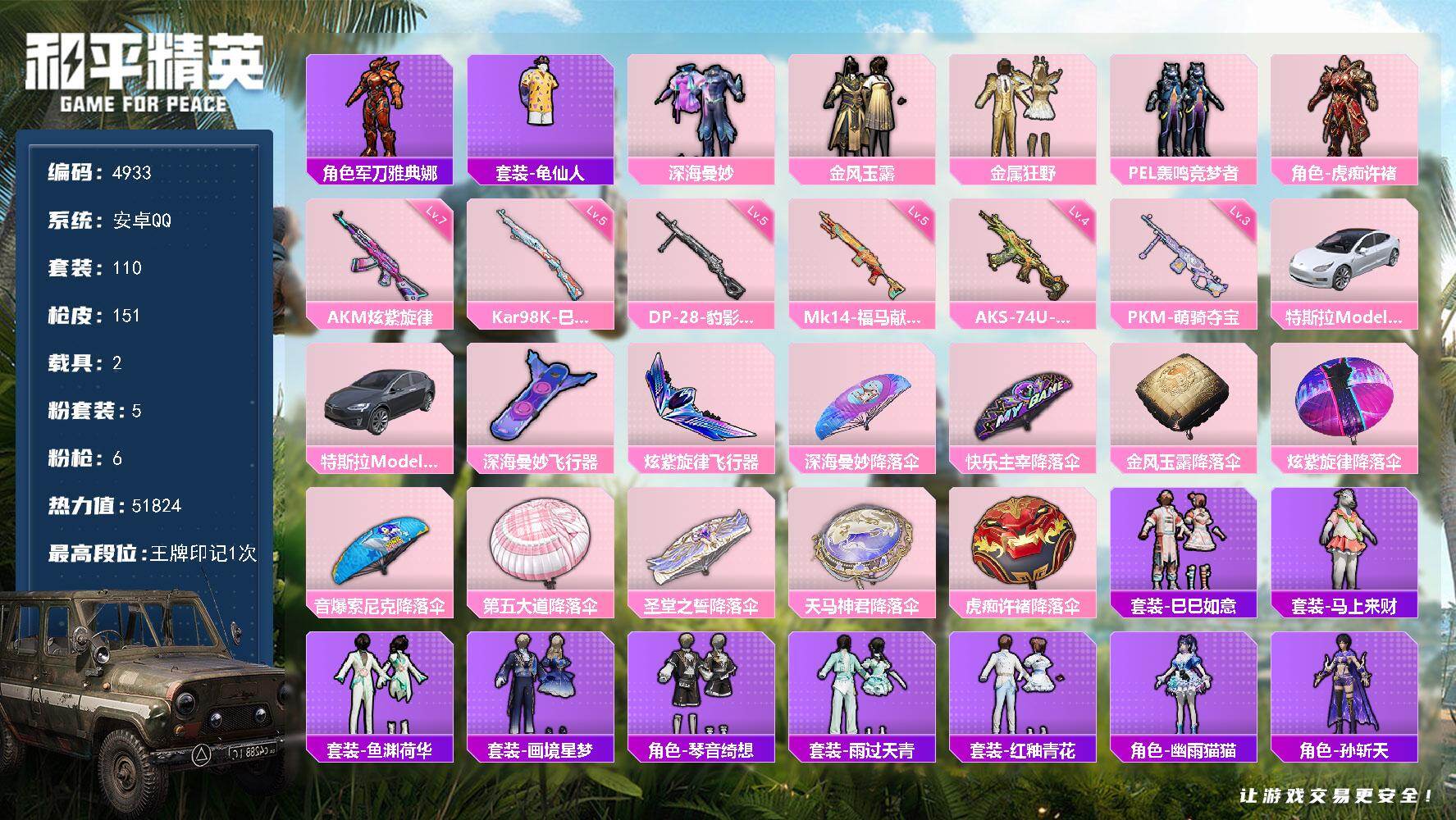 和平精英账号安卓QQ110套装/枪械6/装备141/载具2/战备87/王牌印记1/热力值51824/七级AKM-炫紫旋律