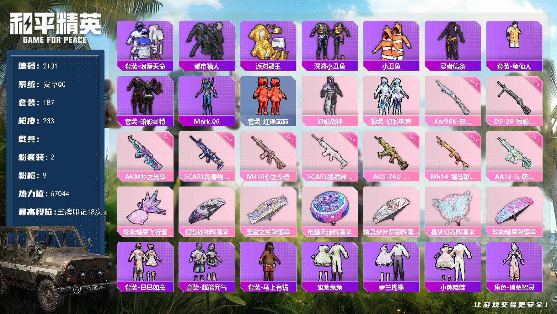 和平精英账号安卓QQ【2131】df安卓 手Q【精品小女号，身法公主号，素材号，小雾神主播同款穿搭，小番茄，蓝螳螂，都市