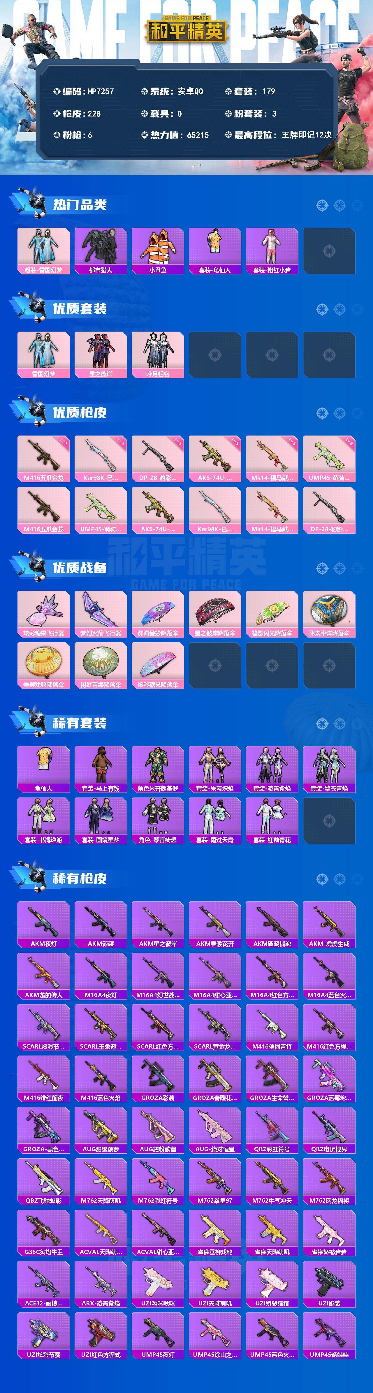 和平精英账号安卓QQ素材号-雪国幻梦/M4五爪金龙7级/小丑鱼/都市/粉红小猪/老六服/秘语星愿/星之彼岸/吟月归客/9