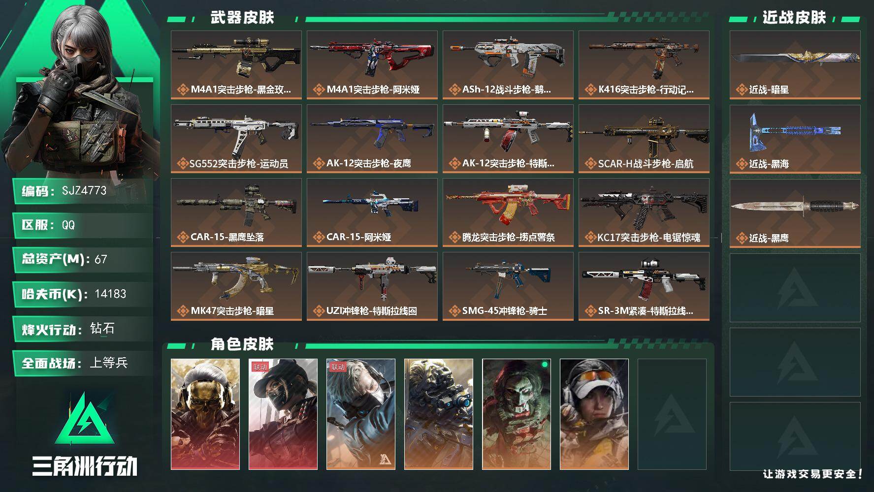 三角洲行动账号QQ【SJZ4773】总资产(M)：67M/哈夫币(K)：14183K/哈夫币(K)：14183K/传说枪皮数：29/全面战场等级：35_段位：上等兵/烽火地带等级：60_段位：钻石/红狼-蚀金玫瑰/露