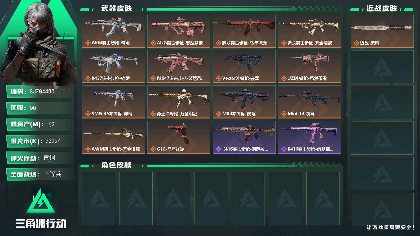 三角洲行动账号QQ【SJZG4480】总资产(M)：162M/哈夫币(K)：73224K/哈夫币(K)：73224K/传说枪皮数：14/全面战场等级：27_段位：上等兵/烽火地带等级：60_段位：青铜/近战-黑鹰/A