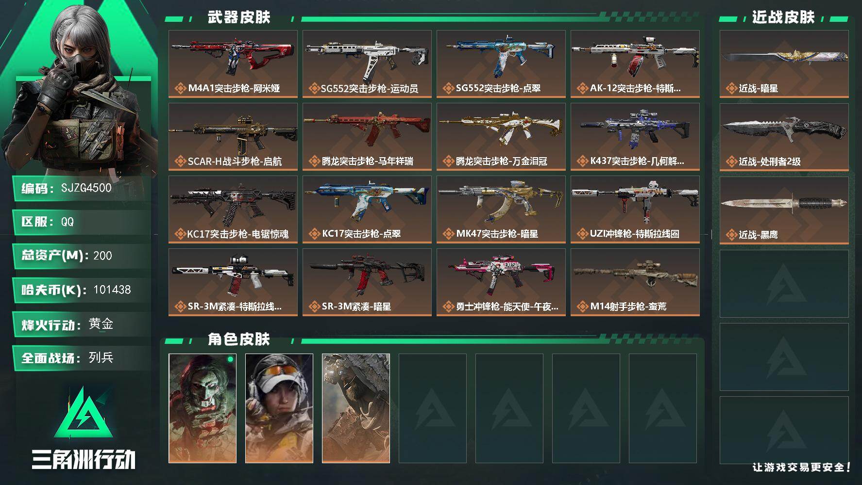 三角洲行动账号QQ【SJZG4500】总资产(M)：200M/哈夫币(K)：101438K/哈夫币(K)：101438K/传说枪皮数：23/全面战场等级：19_段位：列兵/烽火地带等级：60_段位：黄金/红狼-电锯惊