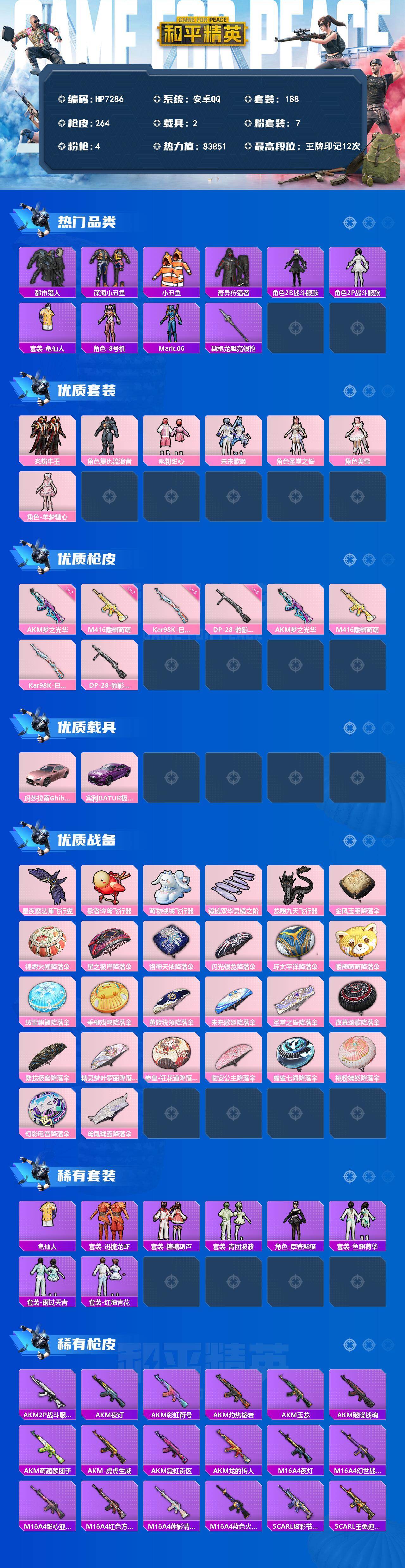和平精英账号安卓QQ公主号-羊梦糖心/M4暖熊萌萌7级/AKM梦之光华7级/8号机/蓝螳螂/深海小丑鱼/小丑鱼/都市/奇