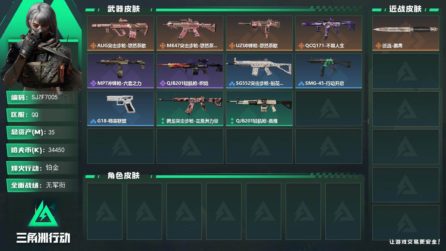 三角洲行动账号QQ【SJZF7005】总资产(M)：35M/哈夫币(K)：34450K/哈夫币(K)：34450K/传说枪皮数：4/全面战场等级：4_段位：无段位/烽火地带等级：55_段位：铂金/近战-黑鹰/AUG突
