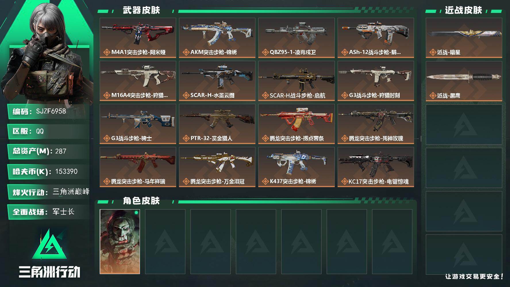 三角洲行动账号QQ【SJZF6958】总资产(M)：287M/哈夫币(K)：153390K/哈夫币(K)：153390