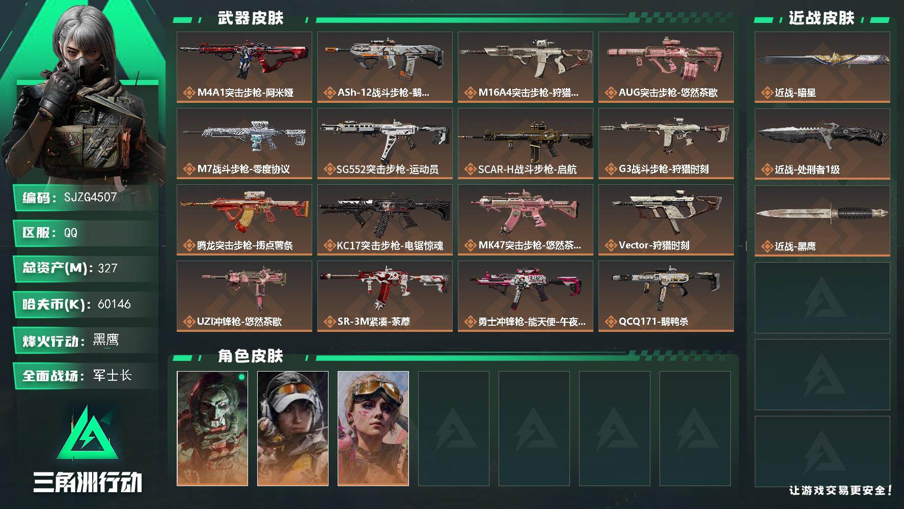 三角洲行动账号QQ【SJZG4507】总资产(M)：327M/哈夫币(K)：60146K/哈夫币(K)：60146K/传说枪皮数：25/全面战场等级：47_段位：军士长/烽火地带等级：60_段位：黑鹰/红狼-电锯惊魂