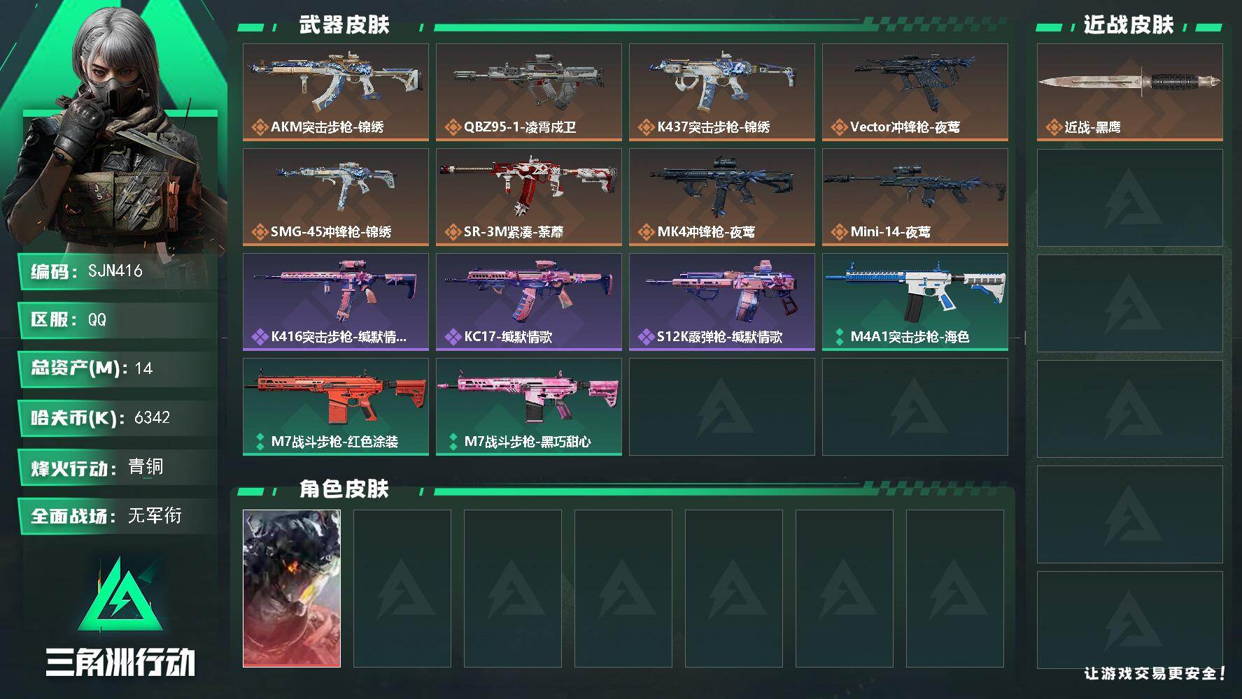 三角洲行动账号QQ【SJN416】总资产(M)：14M/哈夫币(K)：6342K/哈夫币(K)：6342K/传说枪皮数