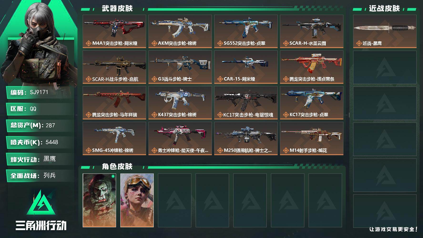 三角洲行动账号QQ【SJ9171】总资产(M)：287M/哈夫币(K)：5448K/哈夫币(K)：5448K/传说枪皮