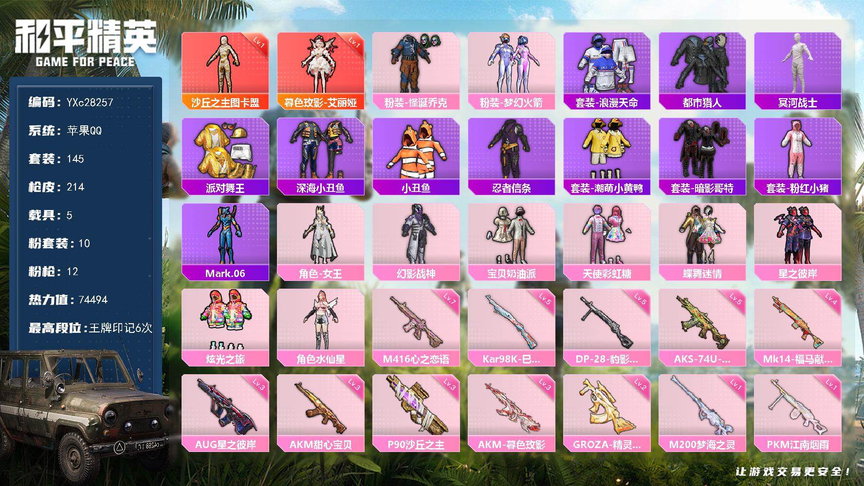 和平精英账号苹果QQ【1级艾丽娅 1级图卡盟 木乃伊 都市 金鞋 新101 怪诞 4把计数枪 哥特 国宝头 粉熊包 满地