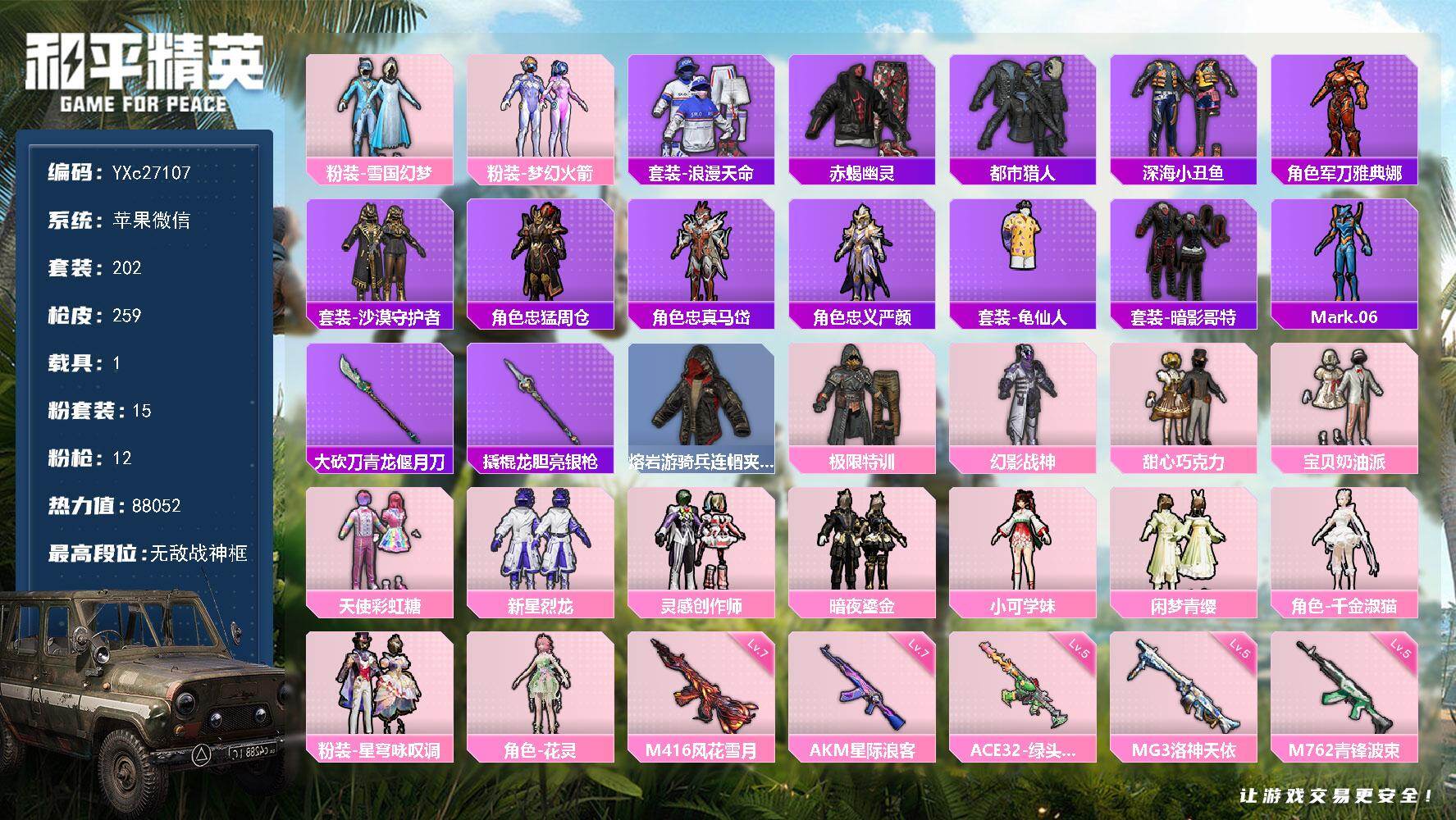 和平精英账号苹果微信【战神框 赤蝎 都市 雪国 巧克力 特训 黑丝 2把计数枪 粉熊包】YXc27107-【可二次】【因