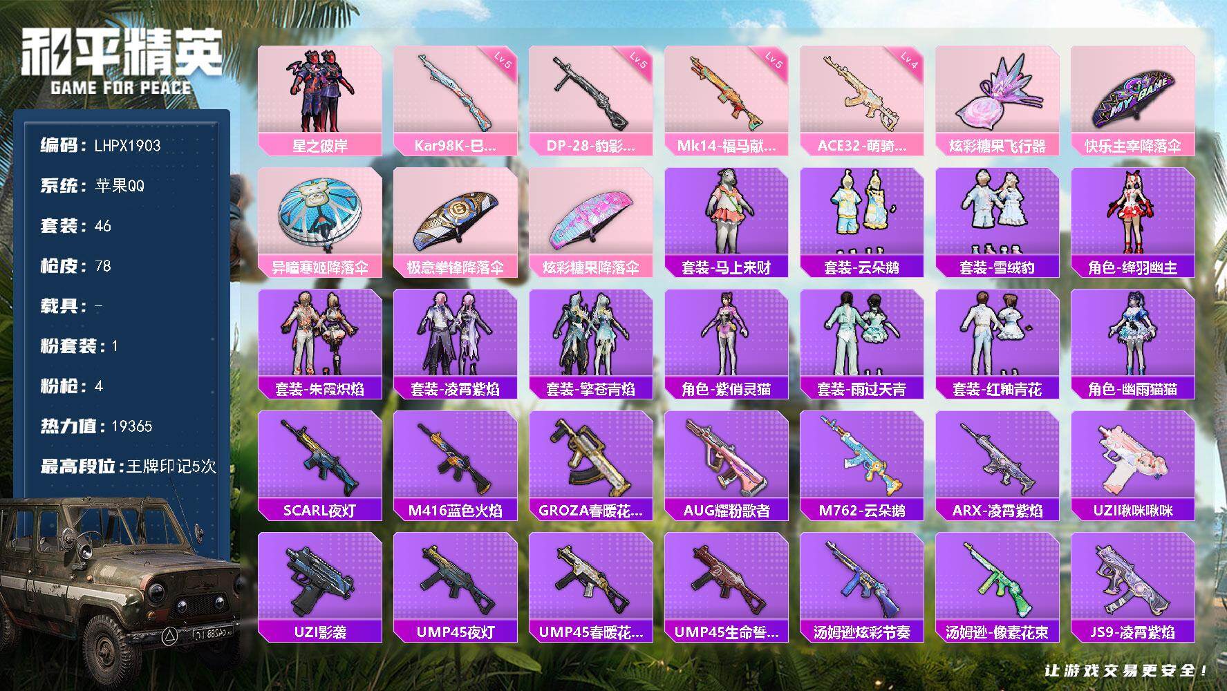 和平精英账号苹果QQ绝世印记1 【特价出售/店主推荐】苹果 手Q-1粉装-4特效枪-1粉色飞行器-19365热力值-5王牌印记-46套装-78枪皮【粉色套装】：粉装-星之彼岸【粉色枪皮等级】：ACE32-萌骑漫游(四级