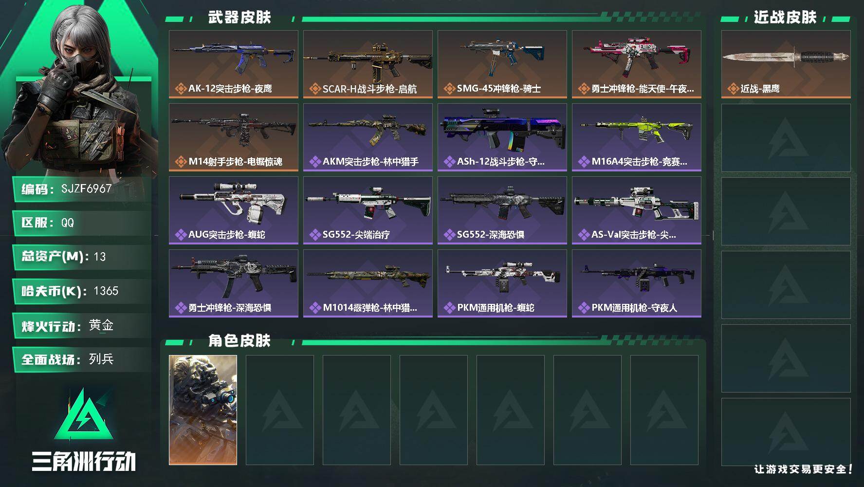 三角洲行动账号QQ【SJZF6967】总资产(M)：13M/哈夫币(K)：1365K/哈夫币(K)：1365K/传说枪皮数：5/全面战场等级：14_段位：列兵/烽火地带等级：60_段位：黄金/无名-夜鹰/近战-黑鹰/
