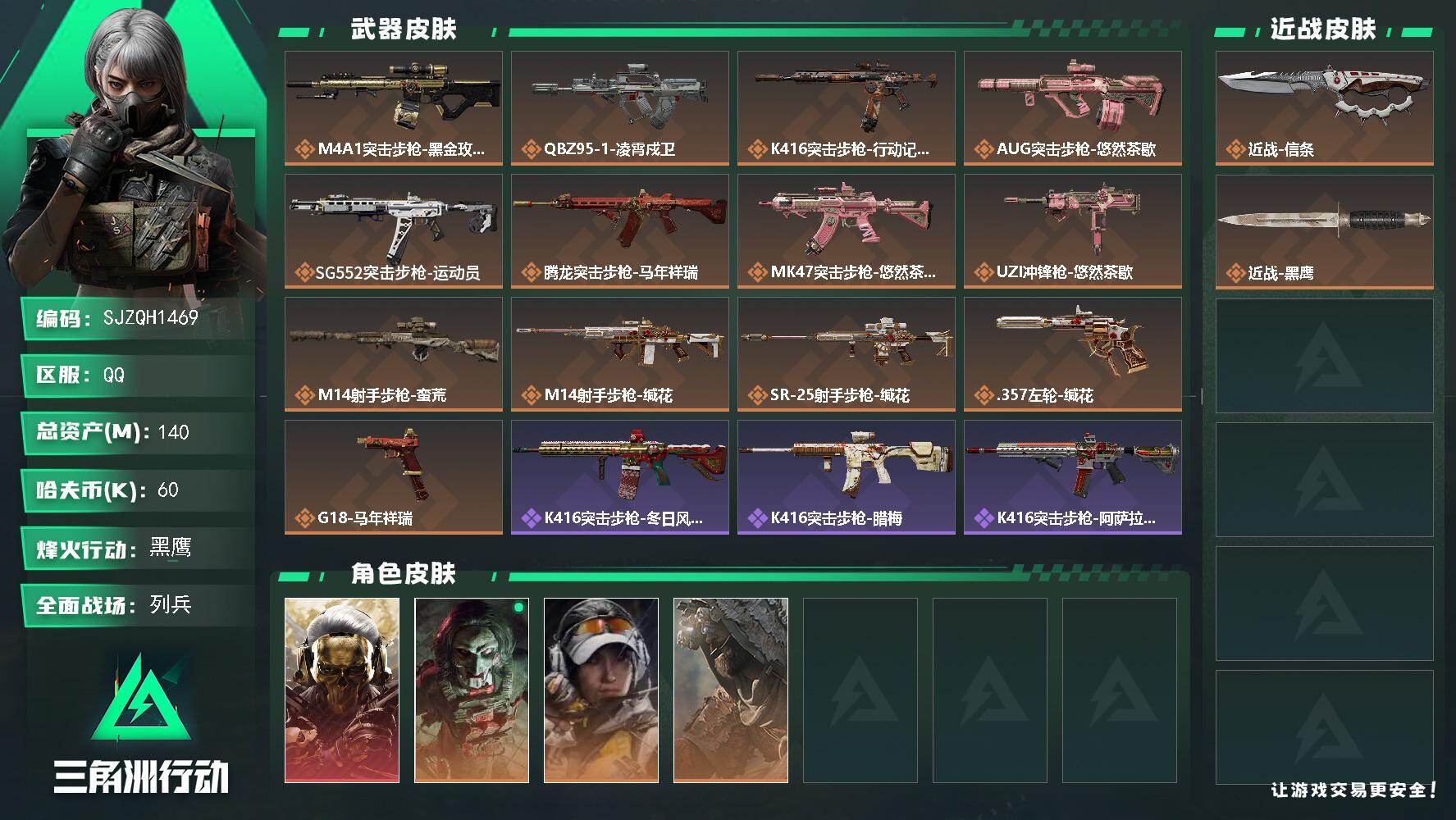 三角洲行动账号QQ【SJZQH1469】总资产(M)：140M/哈夫币(K)：60K/哈夫币(K)：60K/传说枪皮数