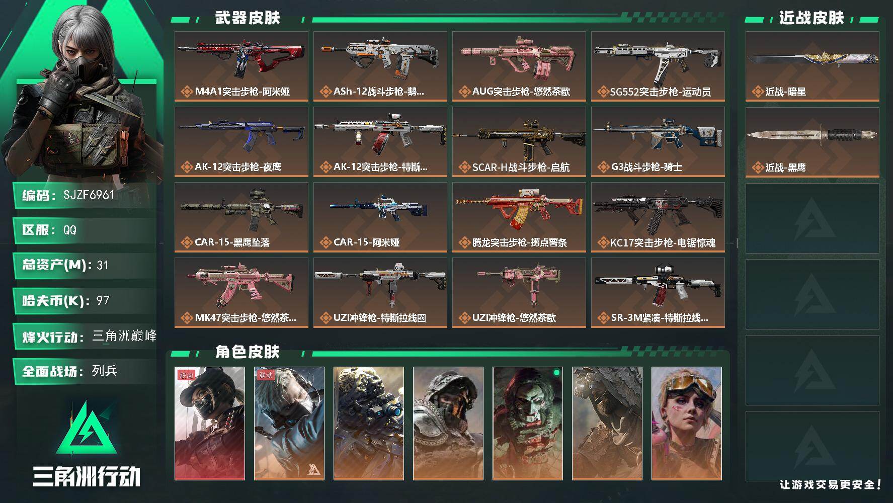 三角洲行动账号QQ【SJZF6961】总资产(M)：31M/哈夫币(K)：97K/哈夫币(K)：97K/传说枪皮数：2