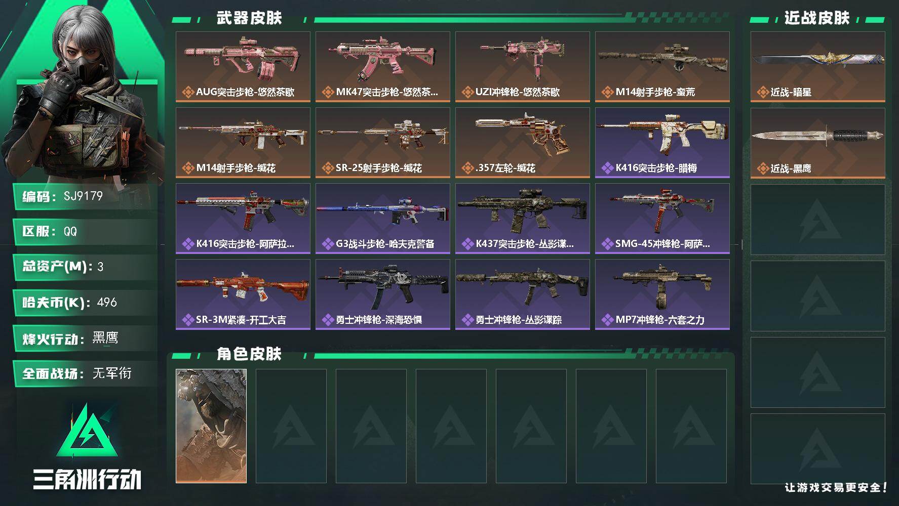 三角洲行动账号QQ【SJ9179】总资产(M)：3M/哈夫币(K)：496K/哈夫币(K)：496K/传说枪皮数：7/全面战场等级：5_段位：无段位/烽火地带等级：60_段位：黑鹰/乌鲁鲁-荒原猎手/近战-暗星/近战