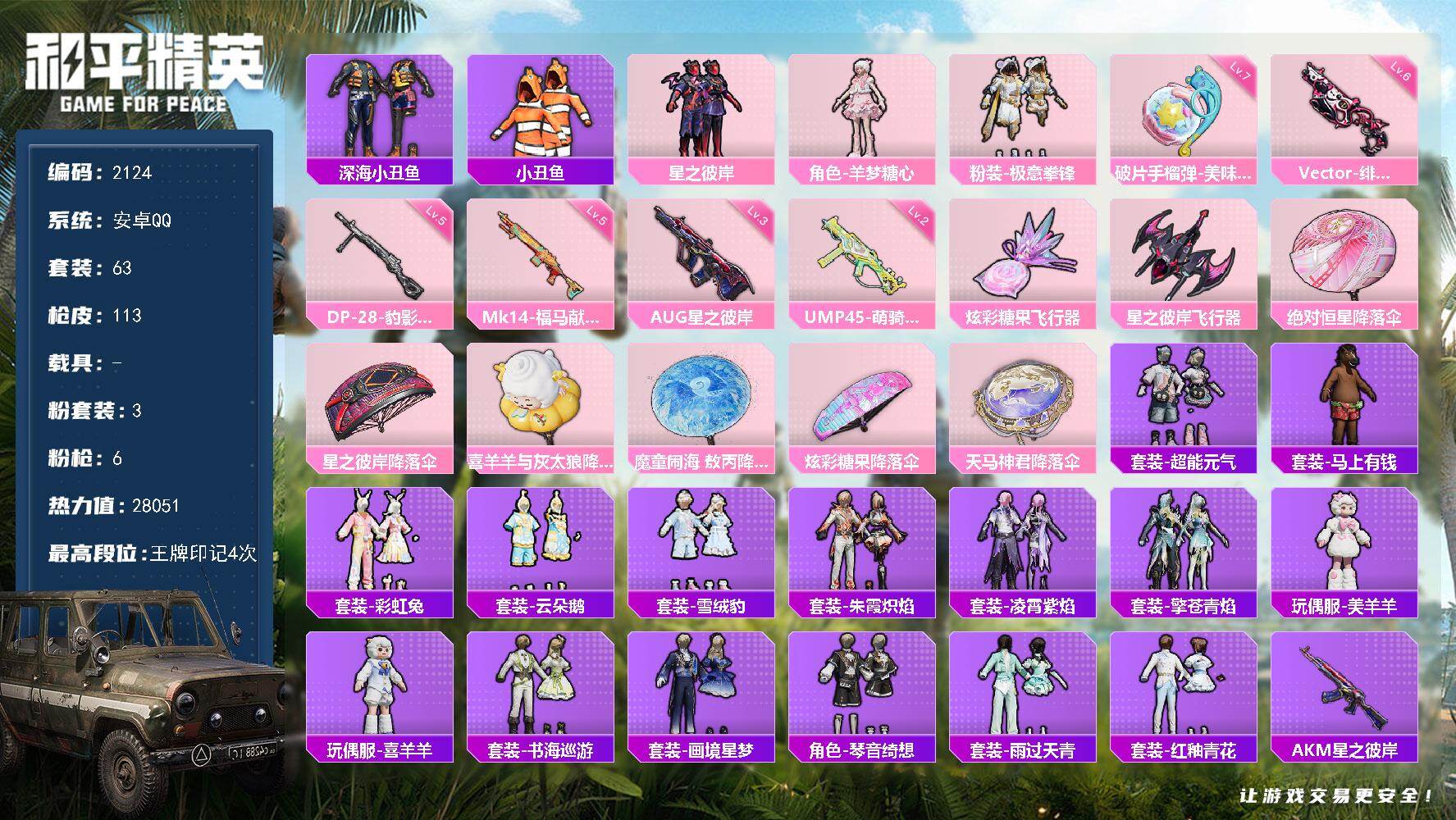 和平精英账号安卓QQ【2124】df安卓 手Q【特价出售，精品小号，地铁满天赋，深海小丑鱼，美羊羊，AUG星之彼岸，满级