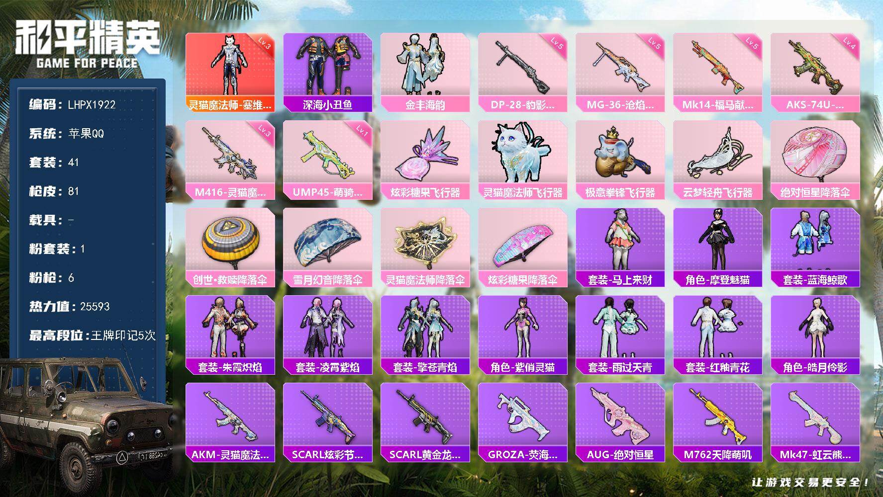 和平精英账号苹果QQ绝世印记1 【特价出售/店主推荐】苹果 手Q-1神装-1粉装-6特效枪-4粉色飞行器-25593热力值-5王牌印记-41套装-81枪皮【红色神装等级】：灵猫魔法师-塞维尔(三级)【热门品类】：套装-