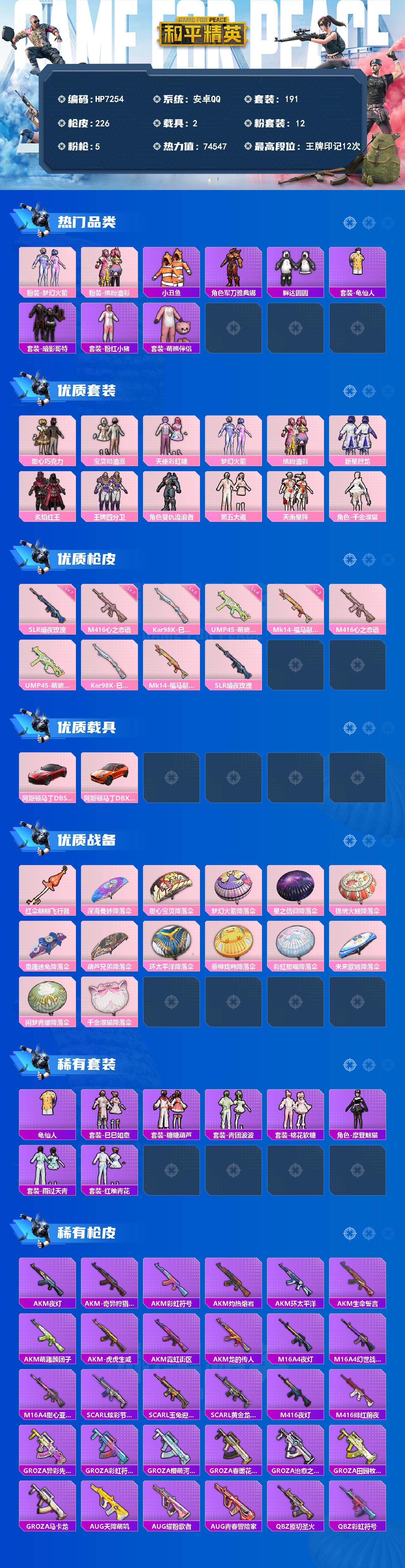 和平精英账号安卓QQ（12粉套5粉枪2载具）暗影哥特/粉红小猪/甜心巧克力/宝贝奶油派/天使彩虹糖/梦幻火箭/缤纷油彩/