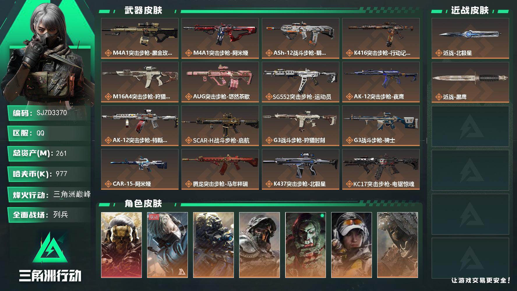 三角洲行动账号QQ【SJZD3370】总资产(M)：261M/哈夫币(K)：977K/哈夫币(K)：977K/传说枪皮