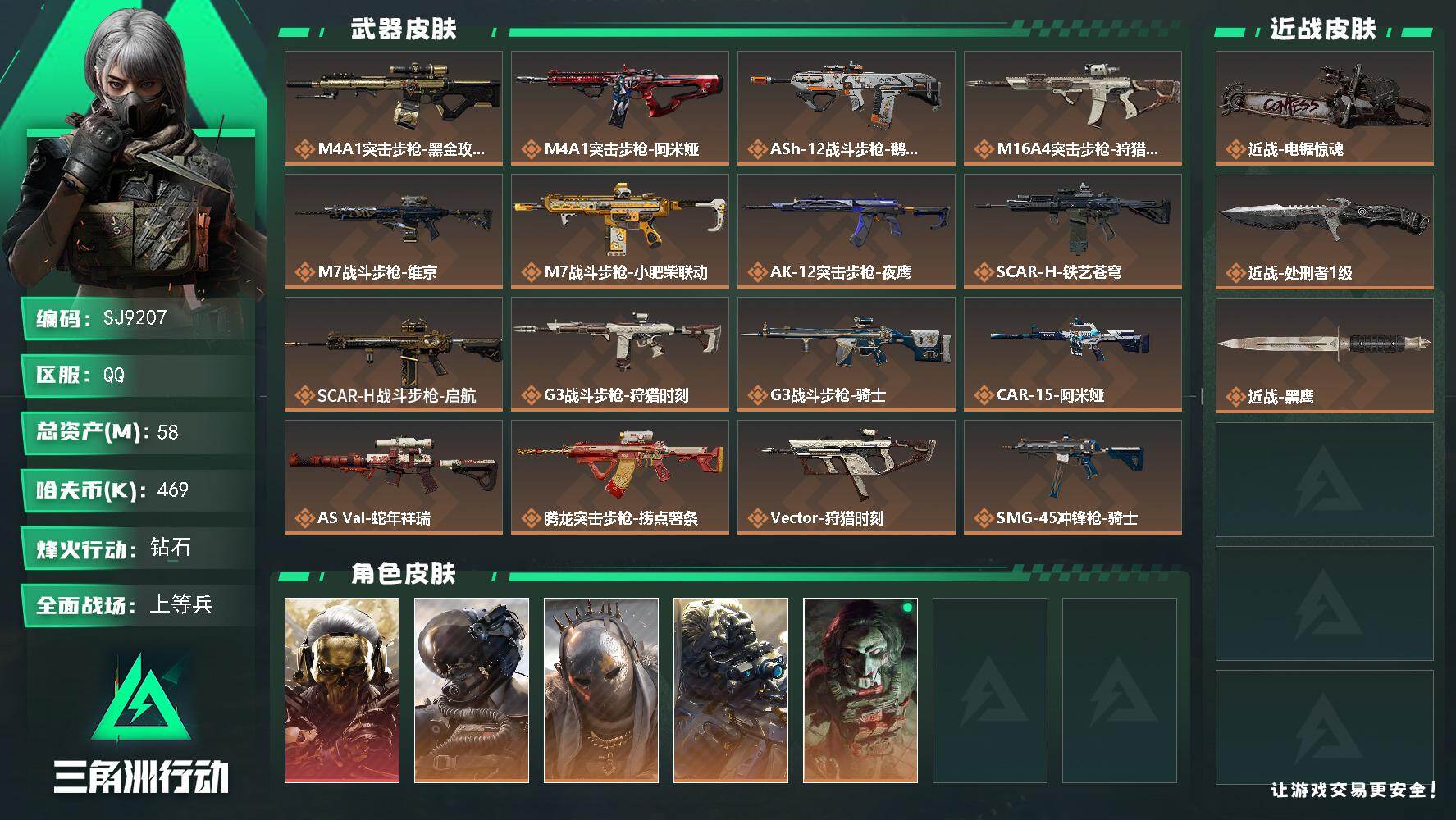 三角洲行动账号QQ【SJ9207】总资产(M)：58M/哈夫币(K)：469K/哈夫币(K)：469K/传说枪皮数：29/全面战场等级：29_段位：上等兵/烽火地带等级：60_段位：钻石/红狼-蚀金玫瑰/威龙-壮志凌