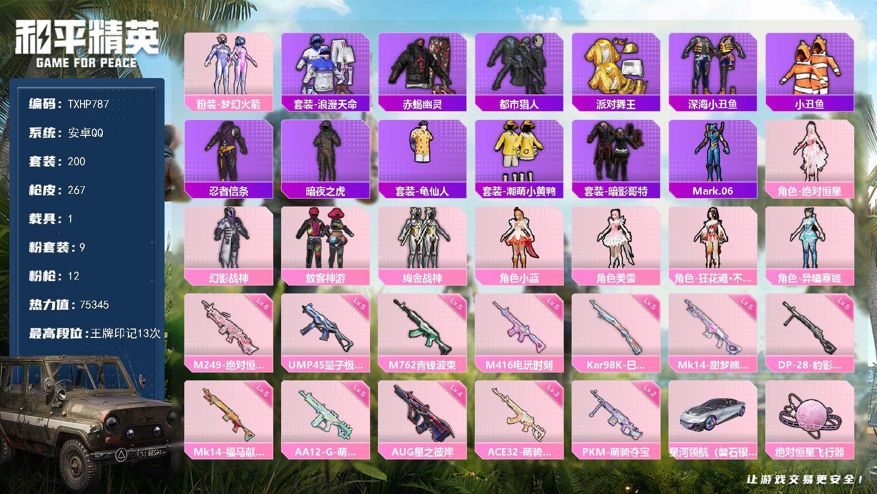 和平精英账号安卓QQ【TP787】安卓 手Q-9粉装-12特效枪-1载具-3粉色飞行器-75345热力值-13王牌印记-