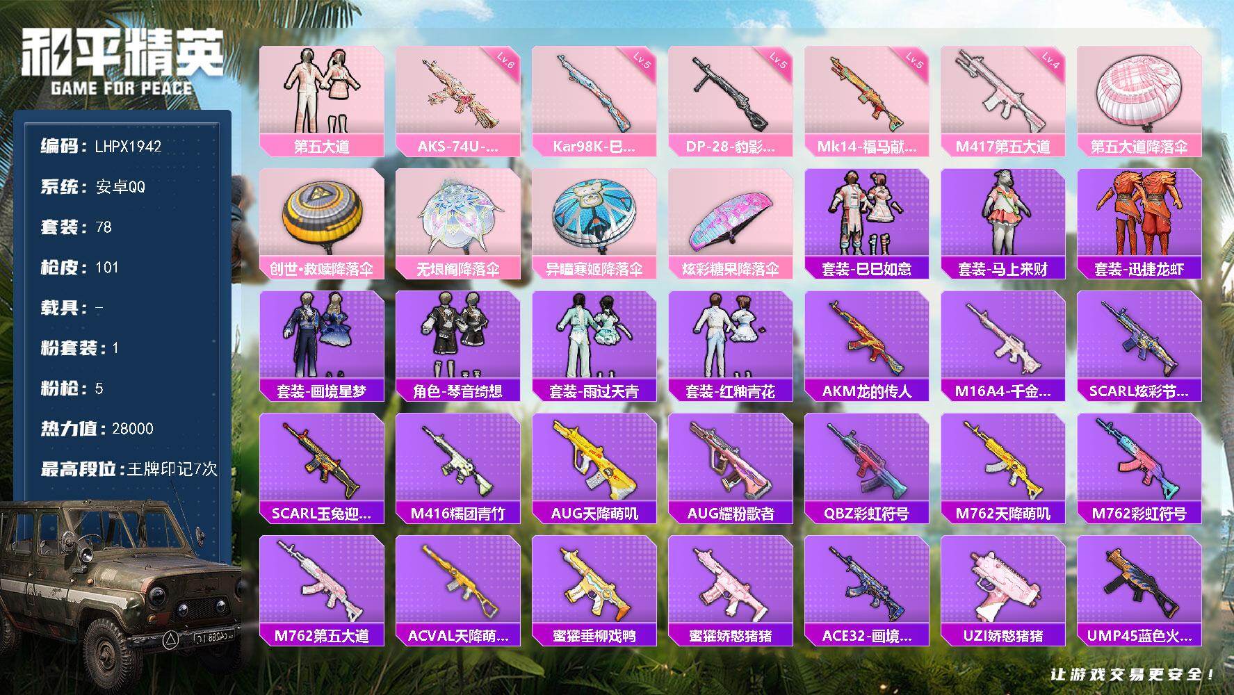 和平精英账号安卓QQ【特价出售/店主推荐】安卓 手Q-1粉装-5特效枪-28000热力值-7王牌印记-78套装-101枪皮【粉色套装】：粉装-第五大道【粉色枪皮等级】：AKS-74U-星穹咏叹调(六级)，Kar98K-
