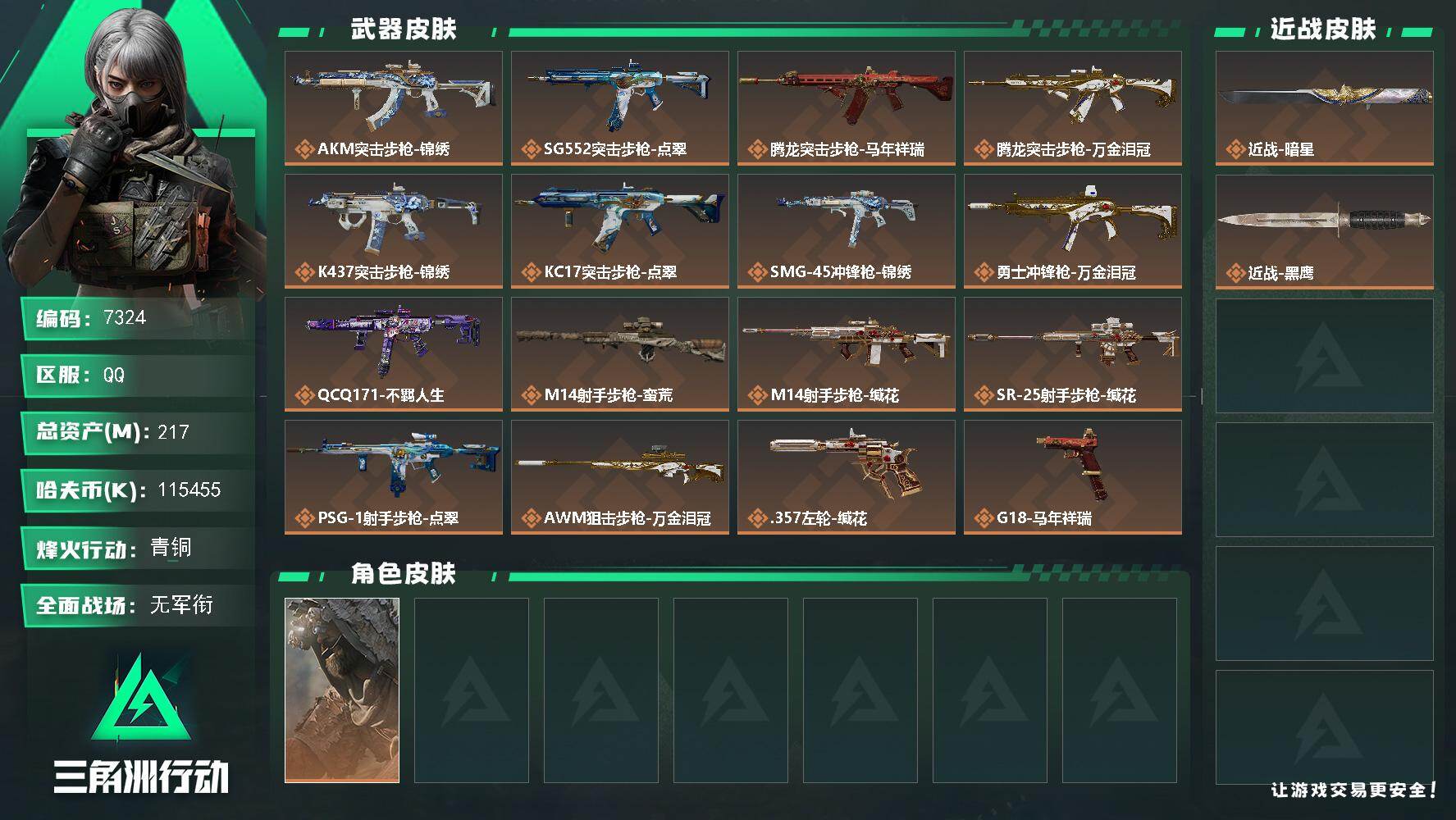三角洲行动账号QQ总资产(M)：217M/哈夫币(K)：K/哈夫币(K)：K/传说枪皮数：16/全面战场等级：5_段位