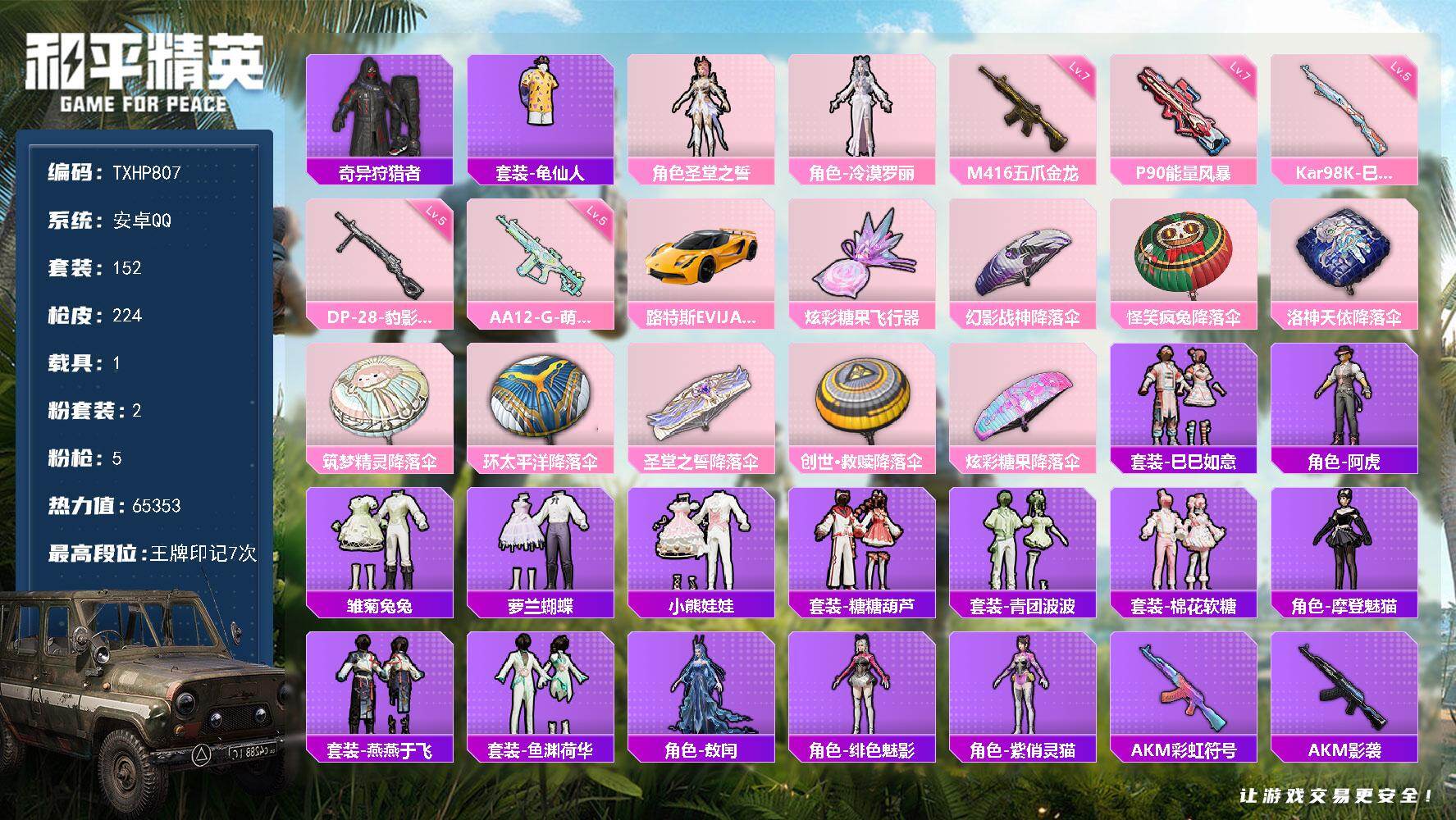 和平精英账号安卓QQ【TP807】安卓 手Q-2粉装-5特效枪-1载具-1粉色飞行器-65353热力值-7王牌印记-15